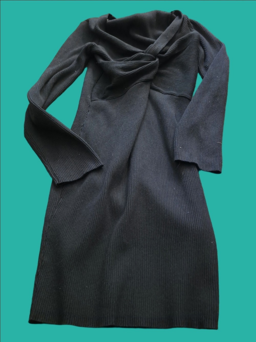 4/$67 Deal! Fashion Nova Black Ribbed Twist-Front Long Sleeve Midi Dress